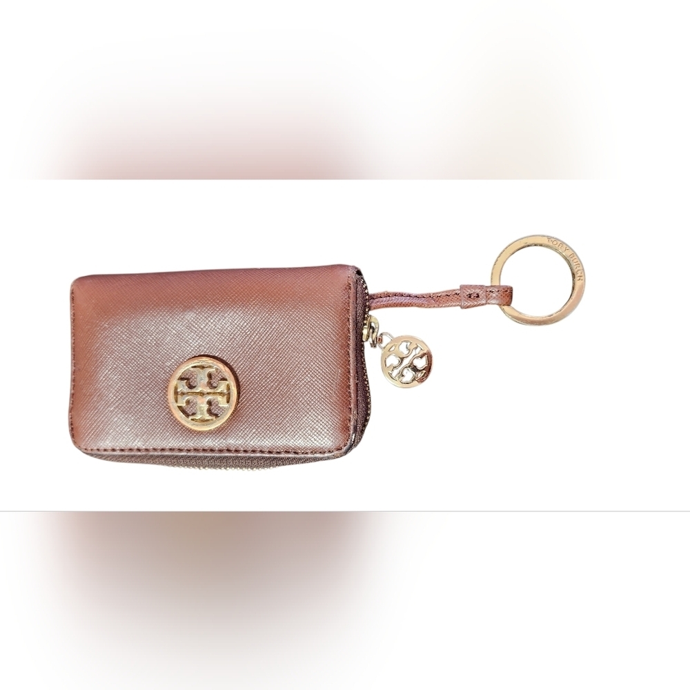 Tory Burch Brown Saffiano Leather Zip Coin Purse Wallet Key Ring Logo Compact